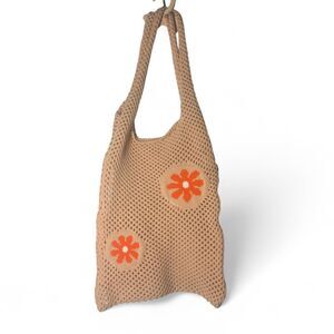 Crochet Mesh Tote Bag Beige Tan Orange
